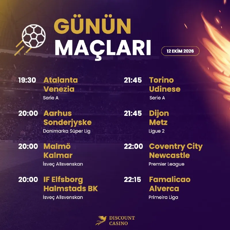 Discount Casino Telegram: 🏆 Bugünün programında Atalanta Torino, Venezia Aarhus, Udinese Metz, Malmö…