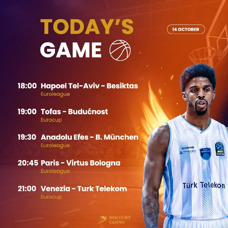 Discount Casino Telegram: 🏀 Today’s schedule features Hapoel Tel Aviv vs Besiktas, Anadolu Efes vs Bayern…