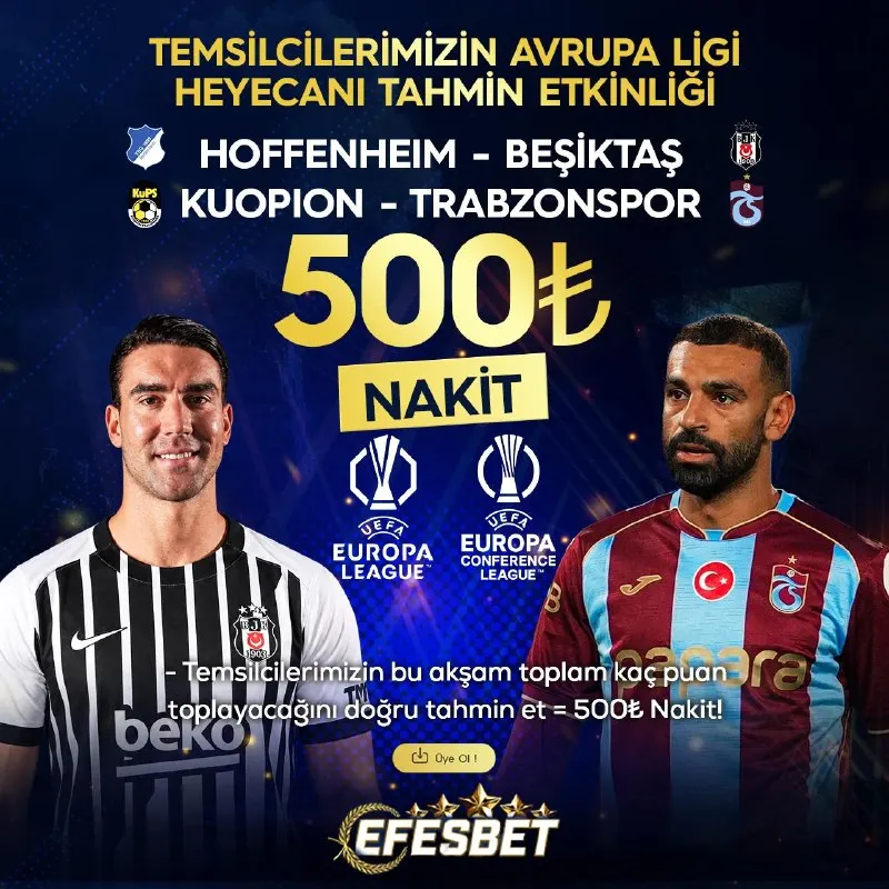 Efesbet Casino Telegram: ❓ #EFESBETCASINO'DA NAKİT ÖDÜLLÜ TAHMİN ETKİNLİĞİ! 🇪🇺 HOFFENHEIM 🆚 BEŞİKTAŞ •…