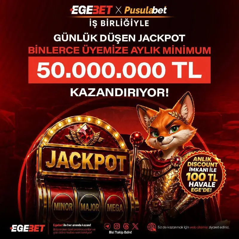 Egebet Telegram: ➕EGEBET VE PUSULABET İŞ BİRLİĞİ İLE EGE JACKPOT’TA AYLIK 50.000.000 TL HAVUZ!…