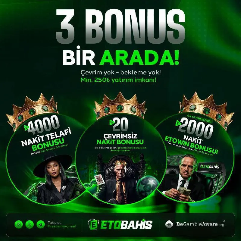 Etobahis Telegram: 💚💚💚💚💚💚 💚3 BONUS BİR ARADA!💚 💚 4000₺ Nakit telafi bonusu 💚 %20 Çevrimsiz Nakit…