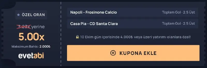 EvetAbi Telegram: 🥸 evetabi'den Özel Oran 👤 Casa Pia - Santa Clara 👤 Toplam Gol • 2.5 Üst 🇮🇹…