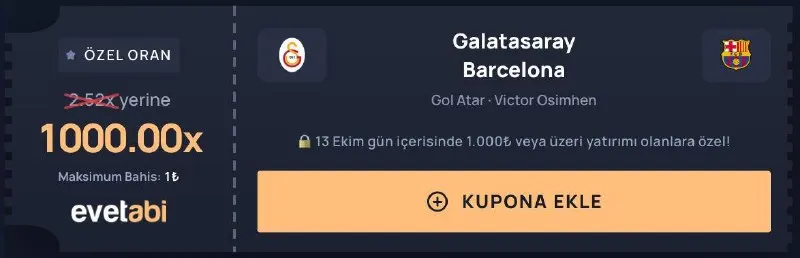 EvetAbi Telegram: 🥸 evetabi'den Özel Oran 🇹🇷 Galatasaray - Barcelona ⚽️ Oyuncu Gol Atar • V…