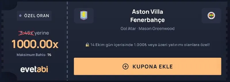EvetAbi Telegram: 🥸 evetabi'den Özel Oran 🏴󠁧󠁢󠁥󠁮󠁧󠁿 Aston Villa - Fenerbahçe ⚽️ Oyuncu Gol Atar •…