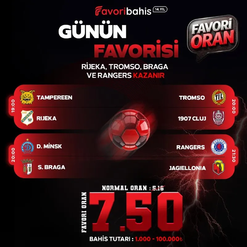 Favoribahis Telegram: 🏆 Günün Dörtlü Favorisi “Dörtlü Maç Kombine” 🗓 13.08.2026 ⚽️ Rijeka, Tromso…