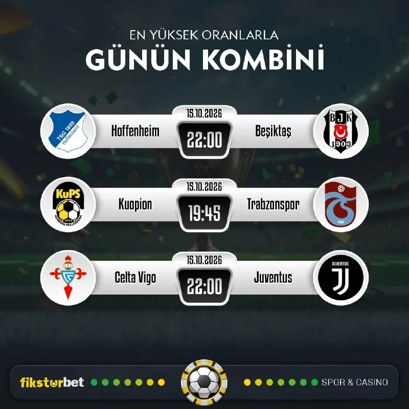 Fikstürbet Telegram: ⚽️🏀🏈⚾️🥎🎾🏐🏉 Günün Kazandıran Maçı 💰 Hoffenheim 🆚 Beşiktaş 💰 Kuopion 🆚…