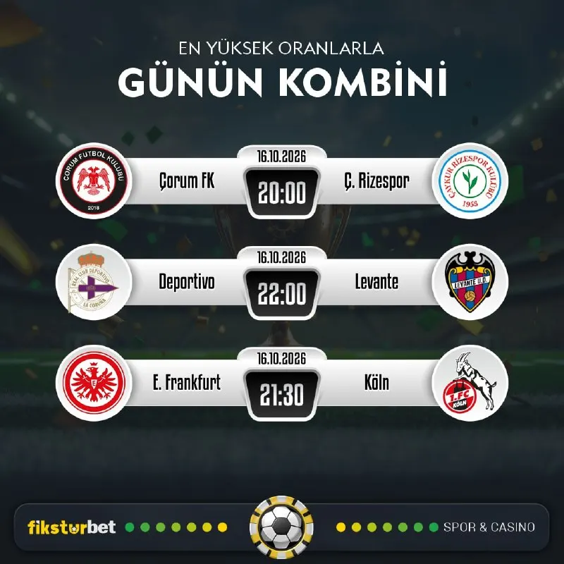 Fikstürbet Telegram: ⚽️🏀🏈⚾️🥎🎾🏐🏉 Günün Kazandıran Maçı 💰 Çorum FK 🆚 Ç. Rizespor 💰 Deportivo 🆚 Levante…