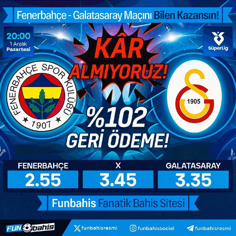 Funbahis Telegram: 🔔DERBİ ÖZEL ORAN 🔔 Fenerbahçe 2.55 - 3.35 Galatasaray En yüksek oranlar…