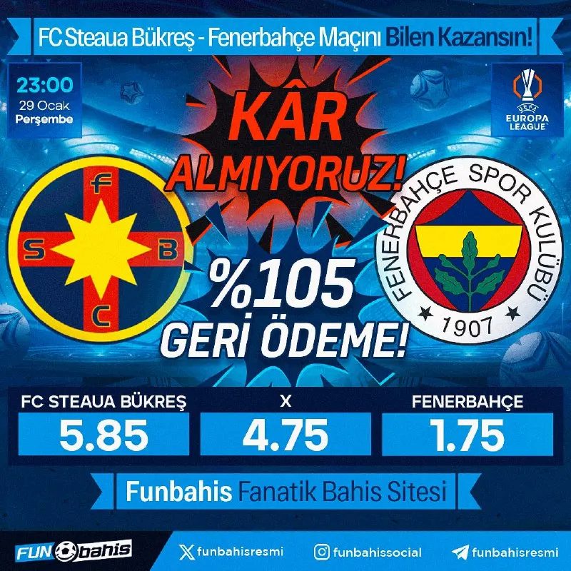Funbahis Telegram: ÖZEL ORAN 🔥 FC Steaua Bükreş 5.85 - 1.75 Fenerbahçe En yüksek oranlar…