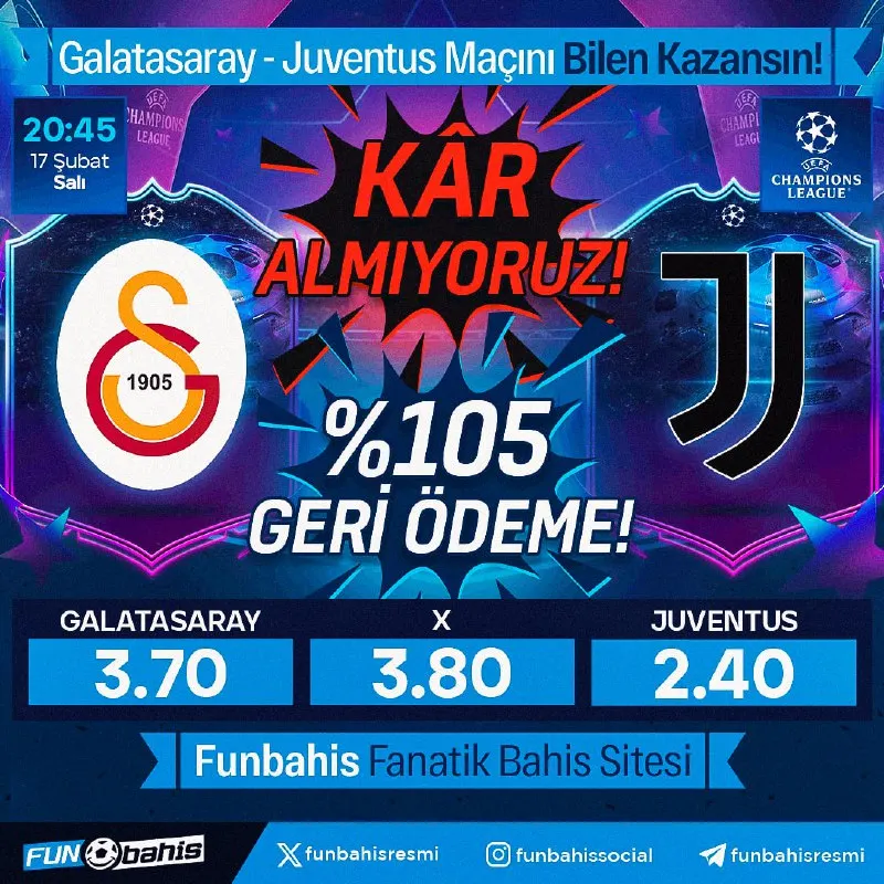 Funbahis Telegram: 🔥 ÖZEL ORAN 🔥 Galatasaray 3.70 - 2.40 Juventus En yüksek oranlar Funbahis’te!…
