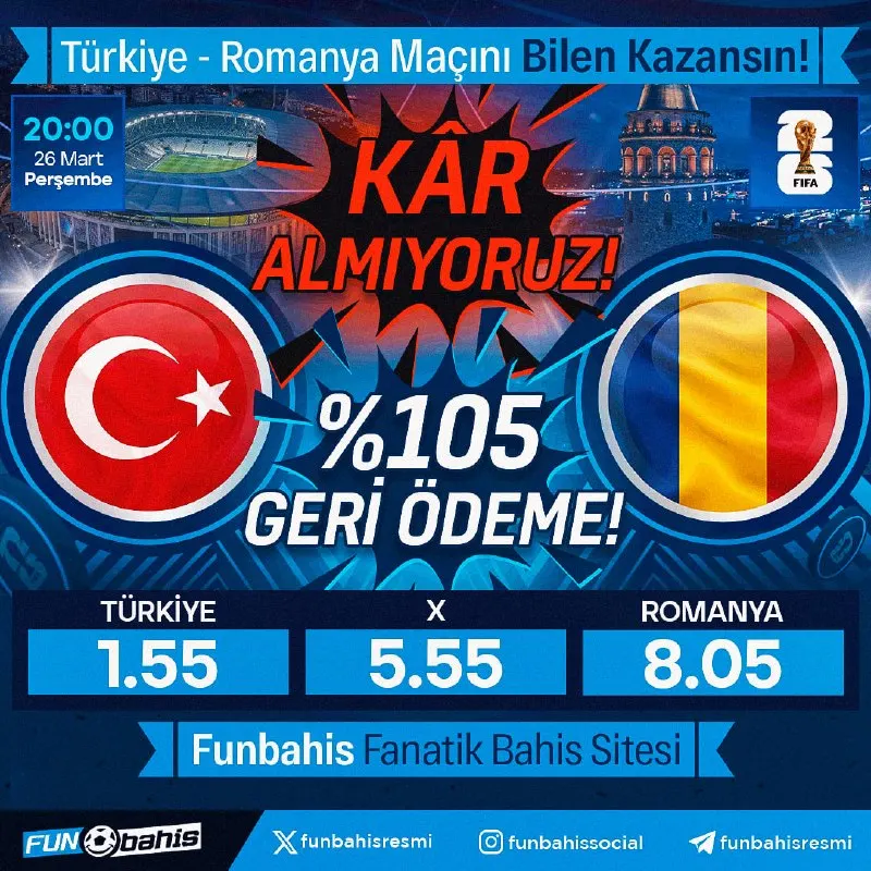 Funbahis Telegram: 🔥 ÖZEL ORAN 🔥 🇹🇷 Türkiye 1.55 - 8.05 Romanya 🇷🇴 En yüksek oranlar Funbahis’te!…