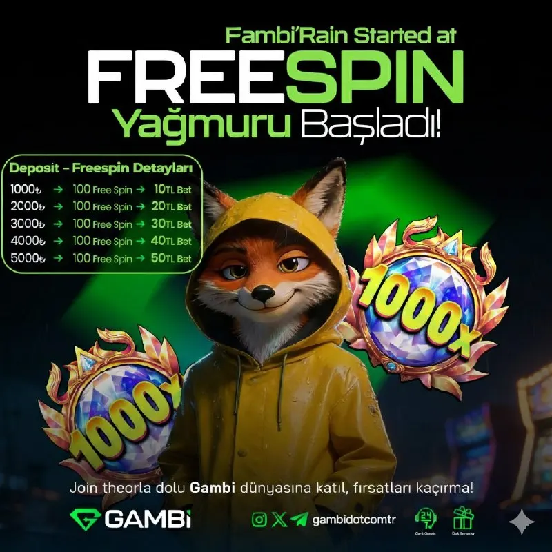 Gambi Telegram: 🔥🔥🔥 FREESPIN RAIN HAS STARTED AT GAMBI! 🔥🔥🔥 💥🎰 IT’S TIME TO WIN! 🎰💥 💰 Freespins…