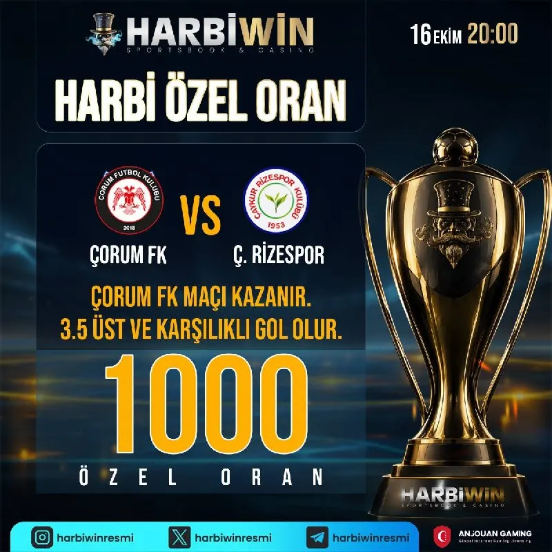 Harbiwin Telegram: 🌏 DEV ÖZEL ORAN AKTİF! 👉 ÇORUM FK MAÇI KAZANIR. 👉 3.5 ÜST VE KARŞILIKLI GOL…
