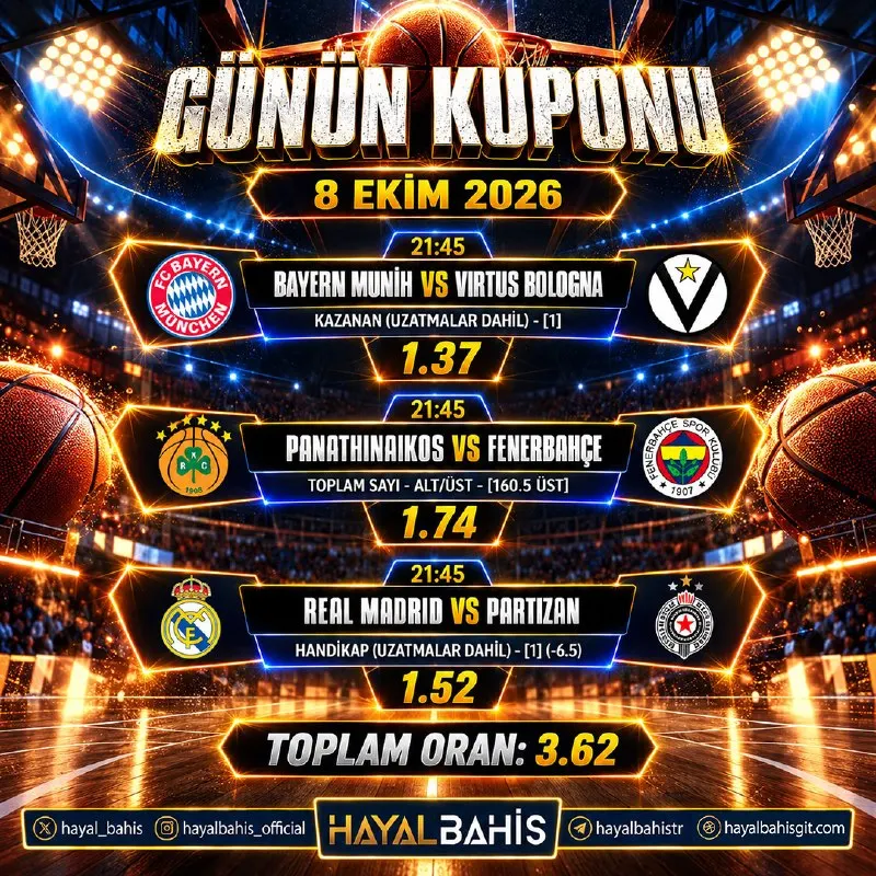 Hayalbahis Telegram: ⚡️ Tek Kuponla Hayalini Gerçekleştir! Bugünün en çok oynanan maçları ve iddialı…