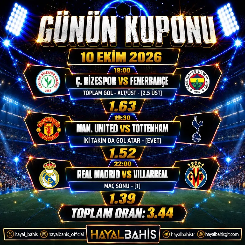Hayalbahis Telegram: ⚡️ Tek Kuponla Hayalini Gerçekleştir! Bugünün en çok oynanan maçları ve iddialı…