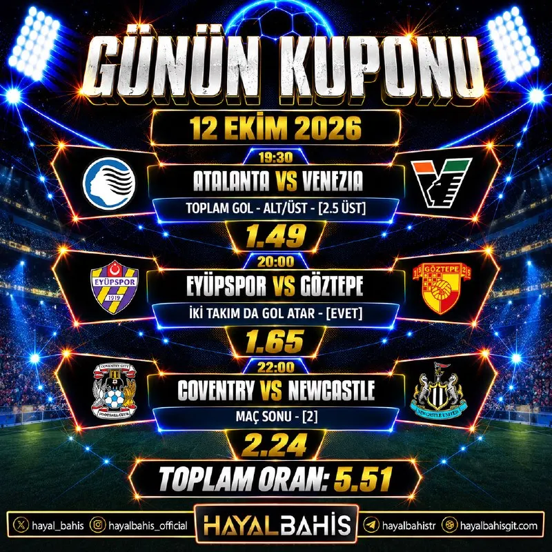 Hayalbahis Telegram: ⚡️ Tek Kuponla Hayalini Gerçekleştir! Bugünün en çok oynanan maçları ve iddialı…