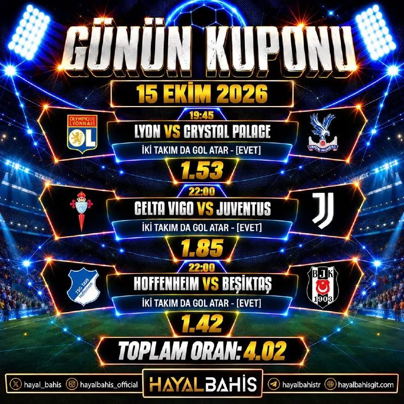 Hayalbahis Telegram: ⚡️ Tek Kuponla Hayalini Gerçekleştir! Bugünün en çok oynanan maçları ve iddialı…