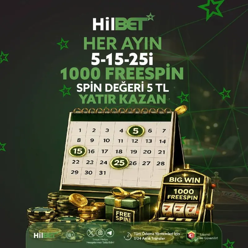Hilbet Telegram: 🤩🤩🤩🤩🤩🤩🤩🤩🤩 🤩 🗓 5 • 15 • 25’TE FREE SPIN ZAMANI! ⚡️ 🗓 Her ayın 5’i, 15’i ve 25’i…