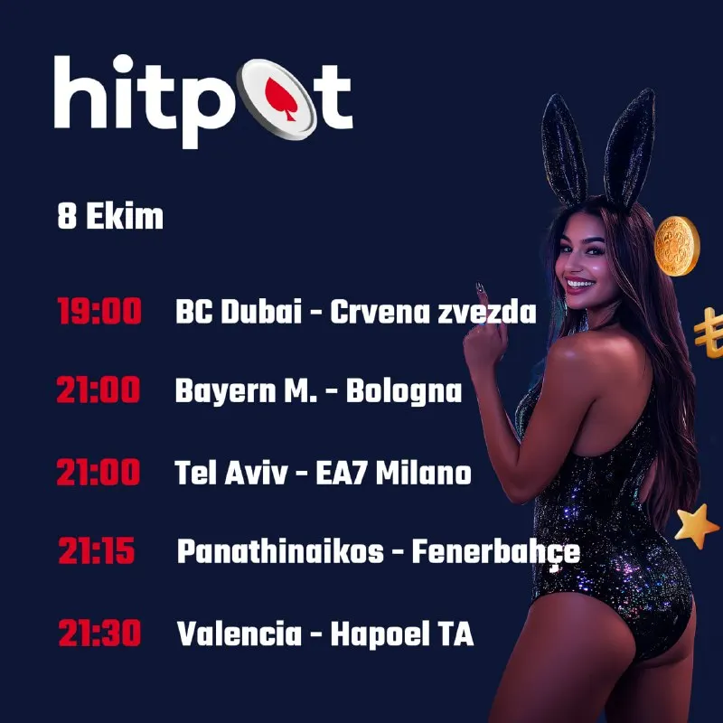Hitpot Telegram: 🏀 Euroleague'de beş dev maç var; BC Dubai, Bayern Münih, Tel Aviv, Fenerbahçe…