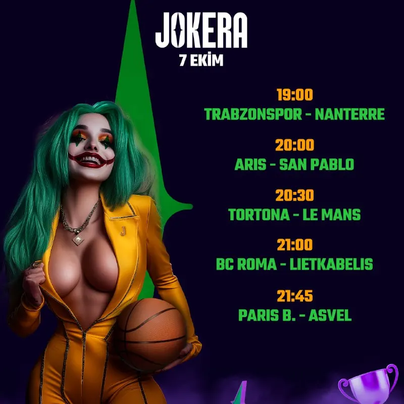 Jokera Telegram: 🏀 Günün basketbol maçlarında heyecan yükseliyor! Trabzonspor Nanterre, Aris San…