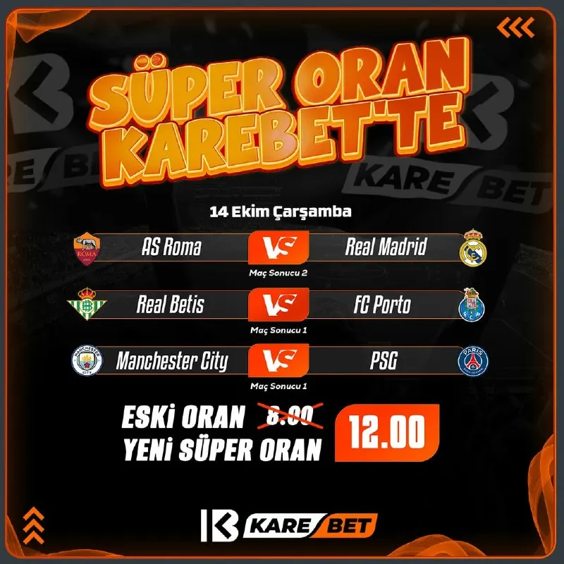 Karebet Telegram: ✨ SÜPER ORAN SİZLERLE ✨ ⚽️ Yeni Oran 12.00 ⚽️ 💥 EK YATIRIM ŞARTI YOK ! 🔸Maç…