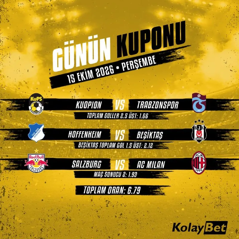 Kolaybet Telegram: 🔥💛🖤 GÜNÜN KUPONU HAZIR! AVRUPA’DA FUTBOL HEYECANI BAŞLIYOR! 🖤💛🔥 ⚽ 15 EKİM 2026…