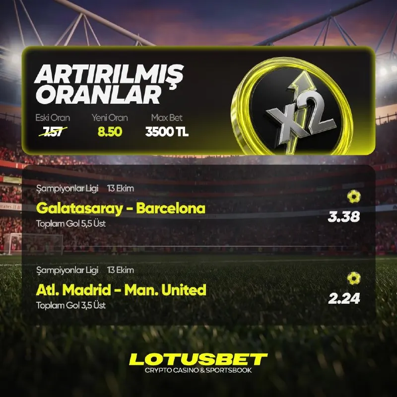 Lotusbet Telegram: 🇹🇷 Galatasaray vs Barcelona 🇪🇸 Toplam Gol : 5.5 Üst 🇪🇸 Atl. Madrid vs Man…
