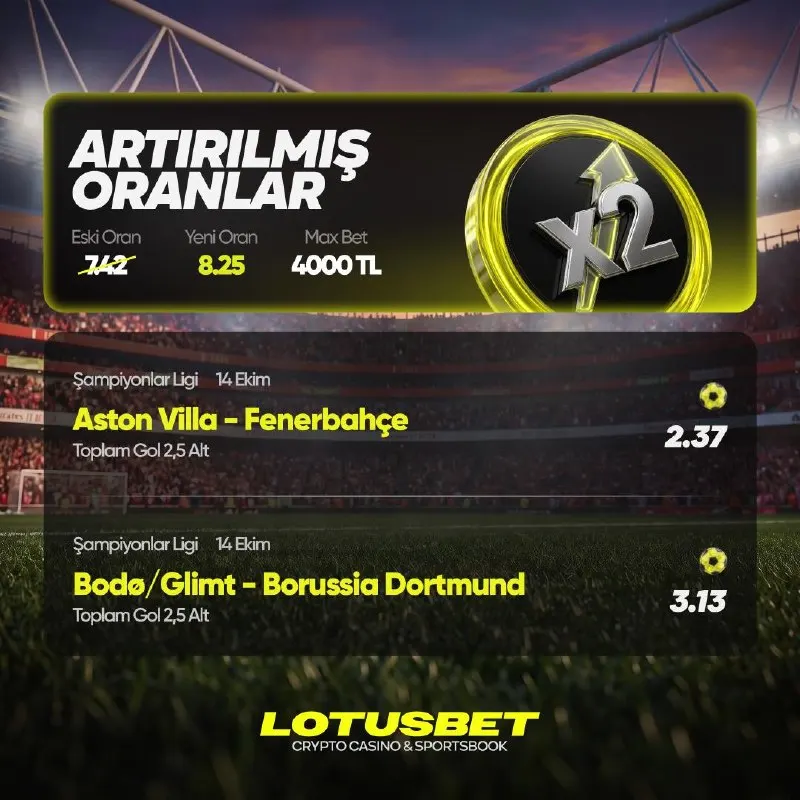 Lotusbet Telegram: 🏴󠁧󠁢󠁥󠁮󠁧󠁿 Aston Villa vs Fenerbahçe 🇹🇷 Toplam Gol : 2.5 Alt 🇳🇴 Bodo / Glimt vs B…