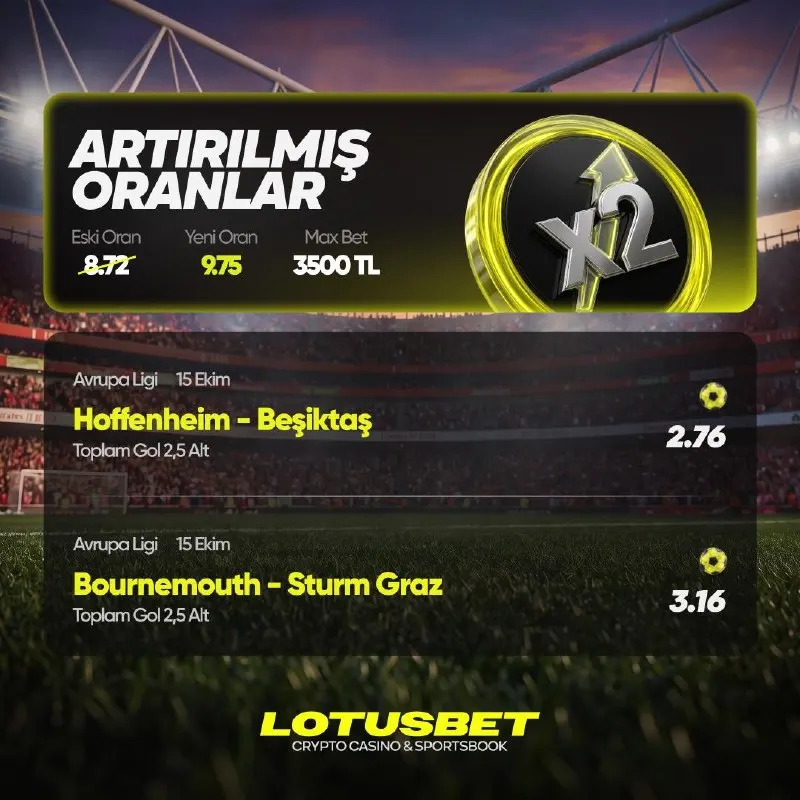Lotusbet Telegram: 🇩🇪 Hoffenheim vs Beşiktaş 🇹🇷 Toplam Gol : 2.5 Alt 🏴󠁧󠁢󠁥󠁮󠁧󠁿 Bournemouth vs Sturm…