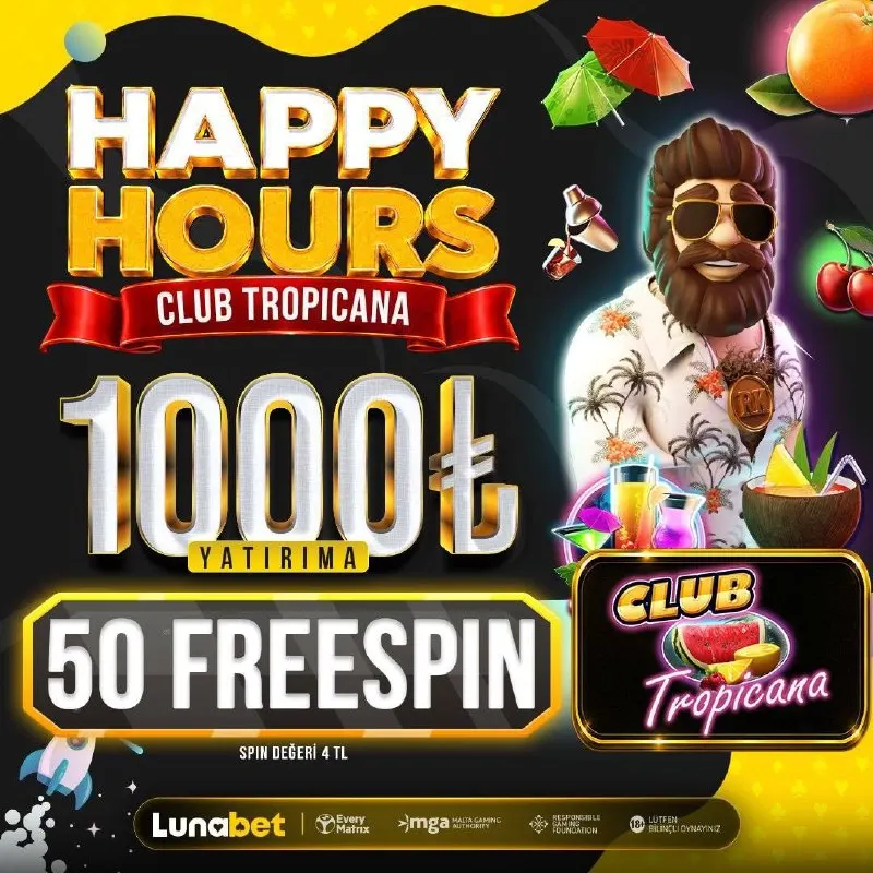 Lunabet Telegram: 🔥 CLUB TROPICANA HOUR BAŞLADI! 💰 1.000 TL yatır, 50 FS kazan! 🎁 Aktif…