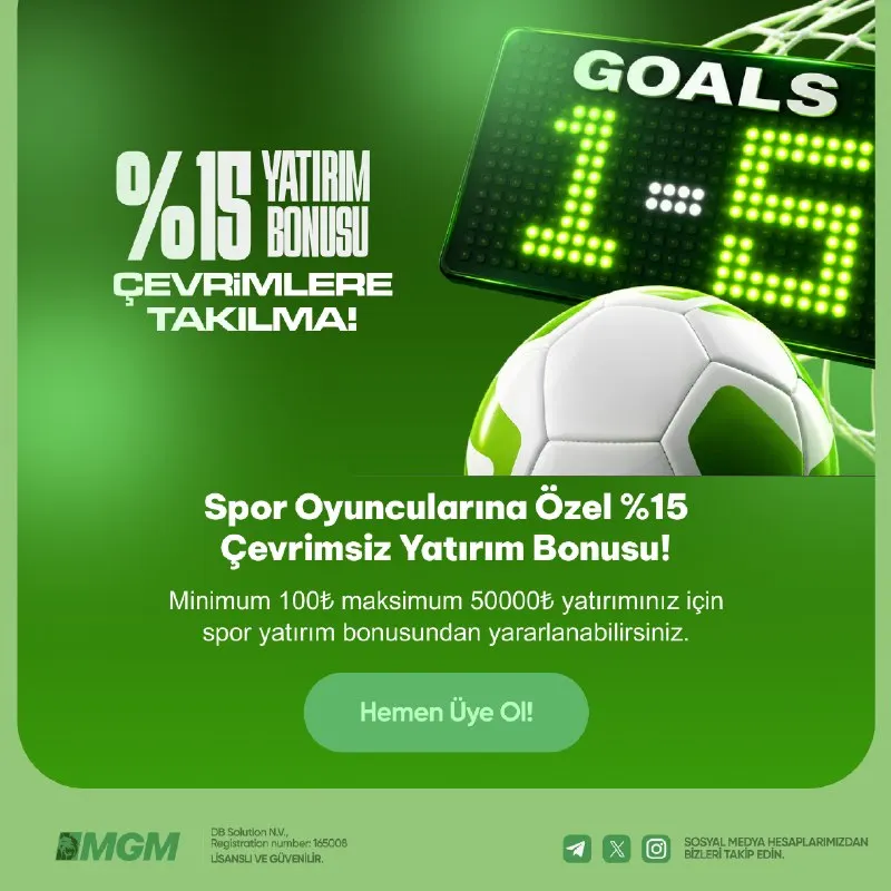MGM Bahis Telegram: ⭐ %15 Çevrimsiz Spor Yatırım Bonusu! ⭐ Promosyon ile minimum 100₺, maksimum…