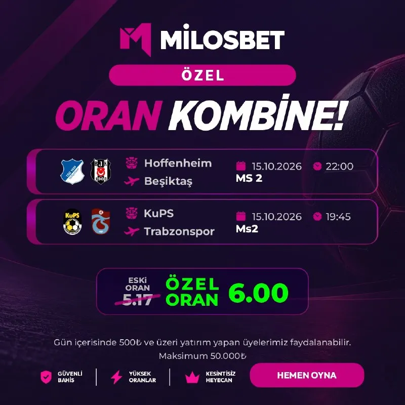 Milosbet Telegram: 😒😩😓 'te ÖZEL KOMBİNE ORAN!🔥 🔴Hoffenheim vs Beşiktaş (Beşiktaş Kazanır) 🔴KuPS vs…