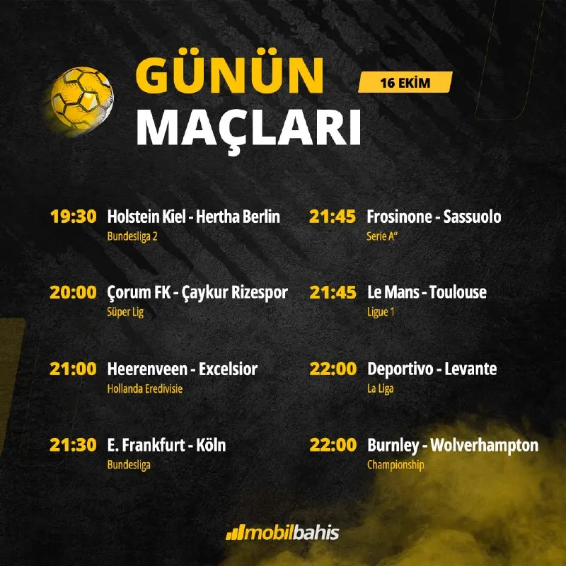 Mobilbahis Telegram: 📅 16 Ekim’de Holstein Kiel Hertha Berlin, Frosinone Sassuolo, Çorum FK Çaykur…