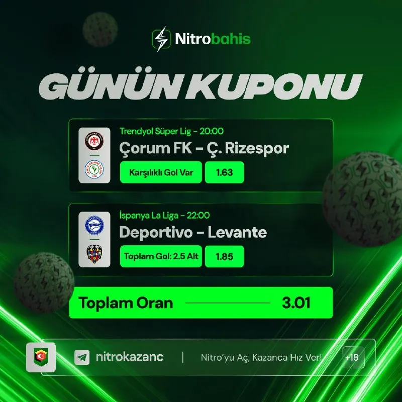 Nitrobahis Telegram: 🎫 GÜNÜN KUPONU HAZIR, TOPLAM ORAN 3.01! 🇹🇷 Çorum FK - Ç. Rizespor | Karşılıklı…
