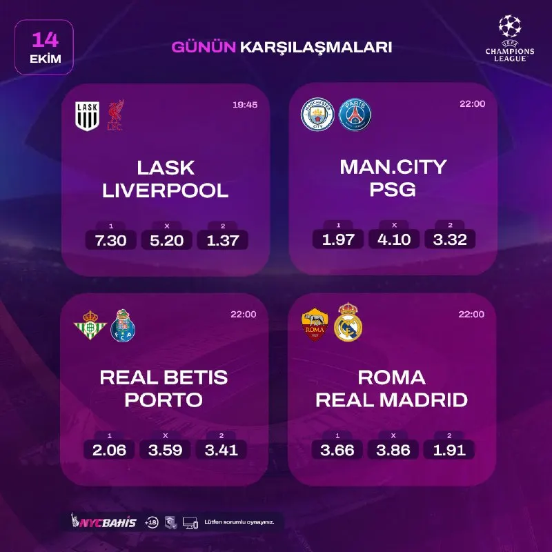 NYC Bahis Telegram: ⚽️GÜNÜN ÖNE ÇIKAN KARŞILAŞMALARI⚽️ LASK -LIVERPOOL MAN. CITY - PSG REAL BETIS…