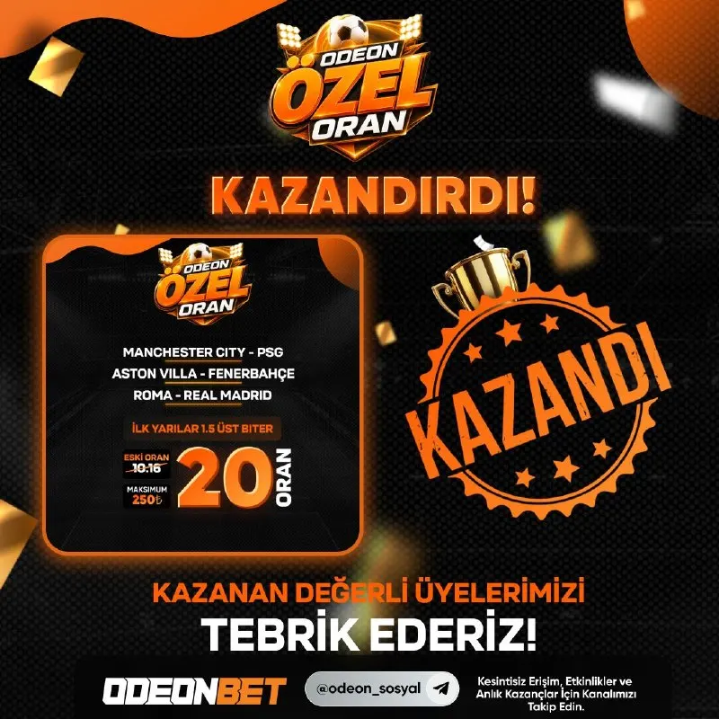 Odeonbet Telegram: 🔥 Odeonbetliler yine kazandı! 🥳 20 Katı Özel Oranımızı değerlendiren tüm…