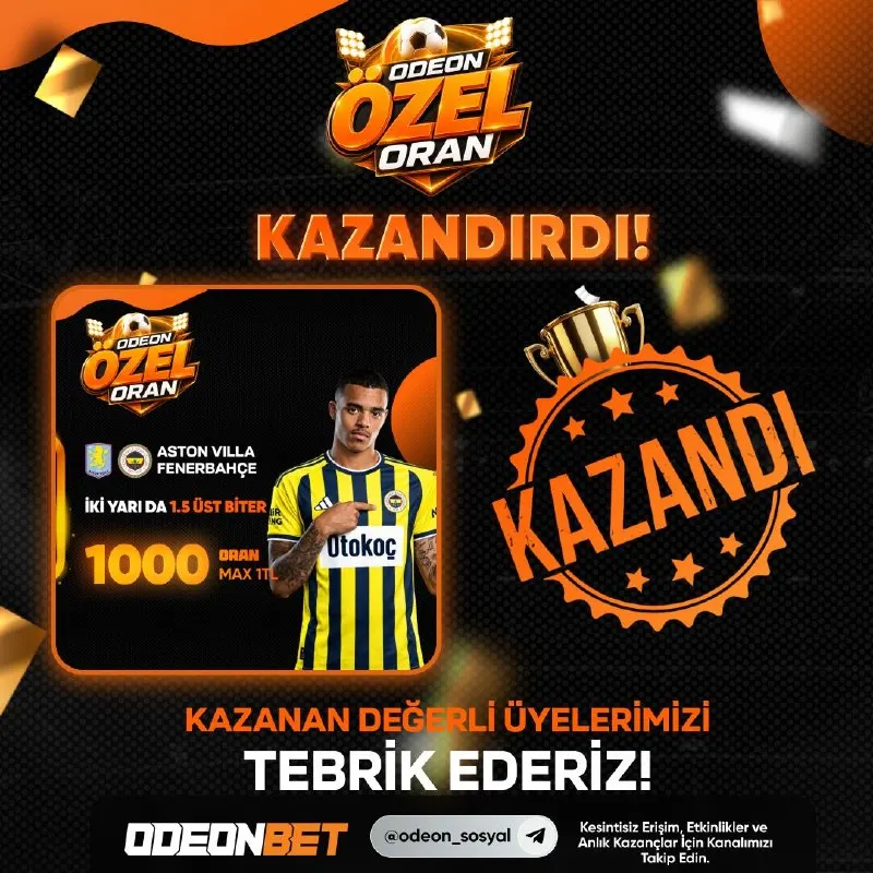 Odeonbet Telegram: 🔥 Odeonbetliler yine kazandı! 🥳 1000 Katı Özel Oranımızı değerlendiren tüm…