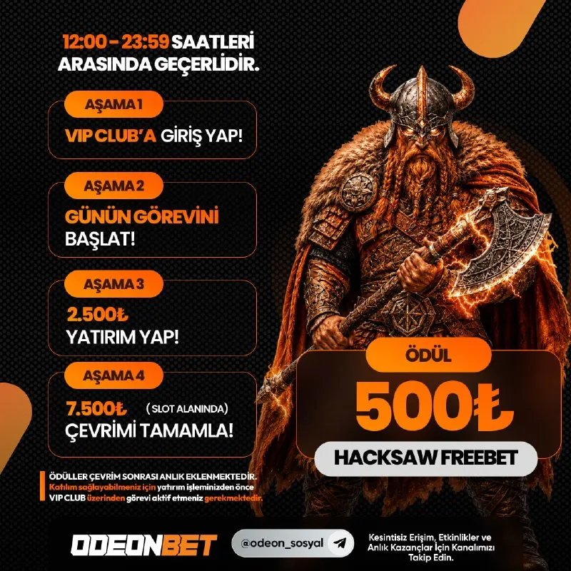 Odeonbet Telegram: 🔥 Happy Hours Başladı! ⏳ 23:59’a kadar aşağıdaki adımları tamamla; 😊 VIP Club’a…