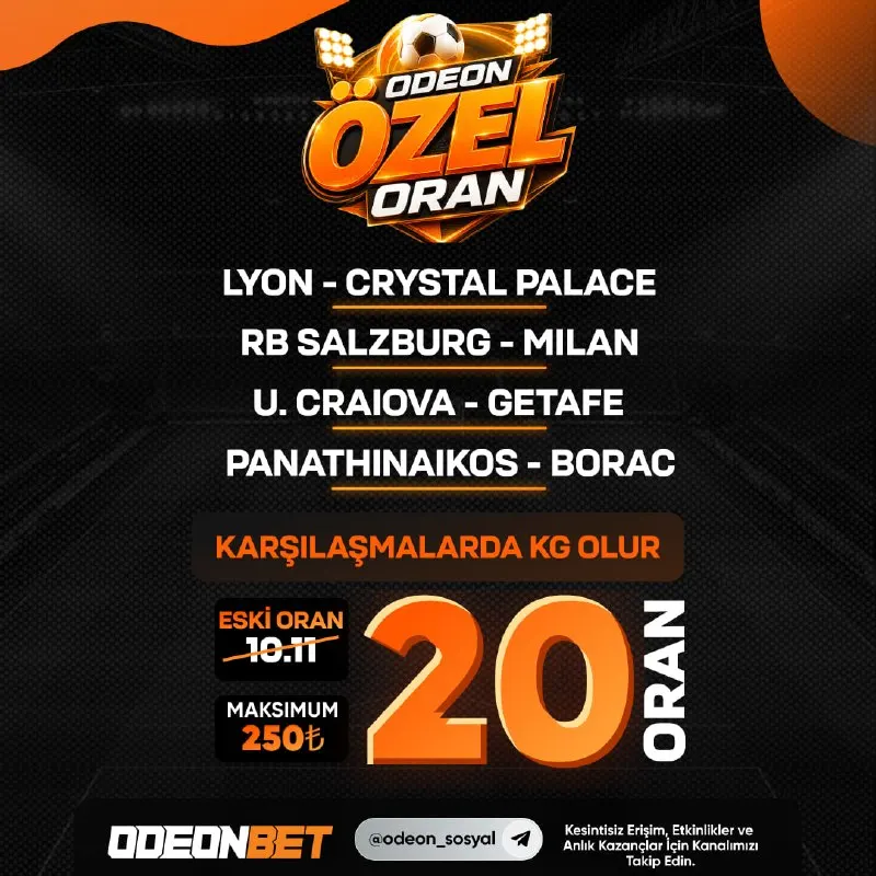 Odeonbet Telegram: 2️⃣0️⃣ 🧡🧡🧡🧡🧡🧡 📌Son 1 gün içerisinde tek seferde minimum 1.000₺ yatırımı olan…