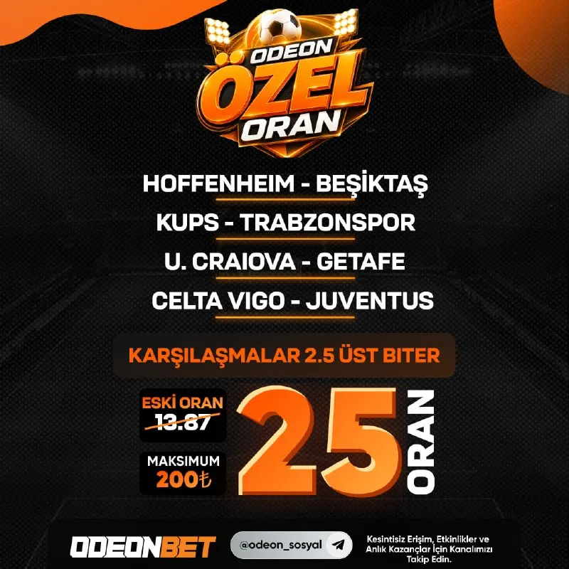 Odeonbet Telegram: 2️⃣5️⃣ 🧡🧡🧡🧡🧡🧡 📌Son 1 gün içerisinde tek seferde minimum 1.000₺ yatırımı olan…
