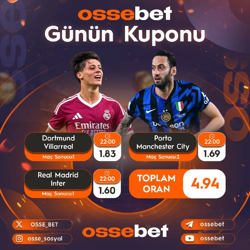 Ossebet Telegram: 🏆 Ossebet Günün Kuponu ⏱22.00 🇩🇪 Dortmund 🇪🇺 Villarreal 🇪🇸 ⏱22.00 🇵🇹 Porto 🇪🇺…