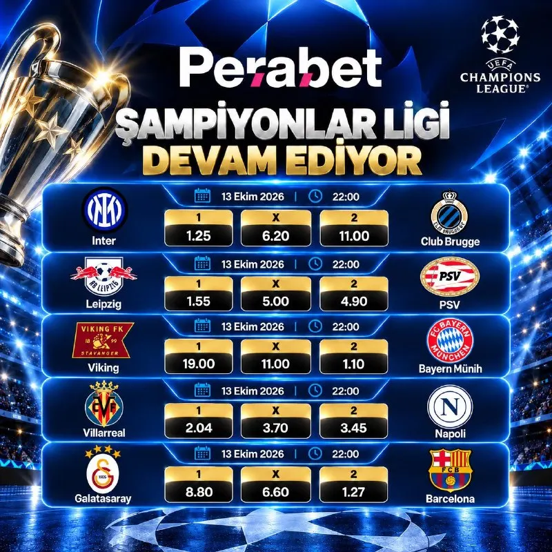 Perabet Telegram: 🏆 Şampiyonlar Ligi heyecanı sürüyor! Zorlu ve heyecan dolu karşılaşmalar için…