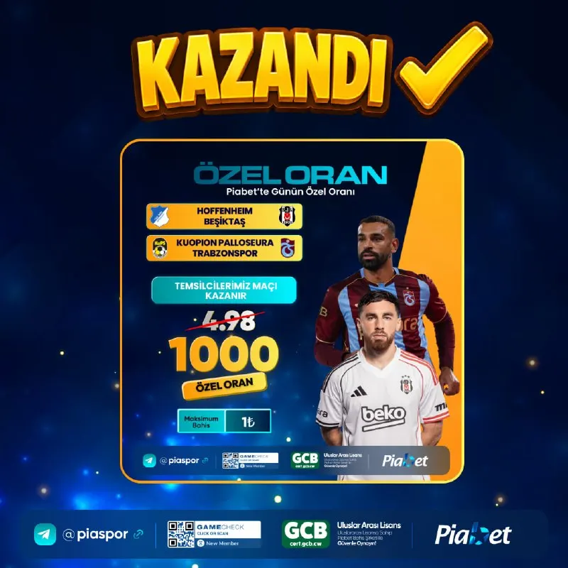 Piabet Telegram: 🏆 PİABET'TE ÖZEL ORAN WON! 🏆 💰 1000 Özel oran kuponumuz kazandı alan…