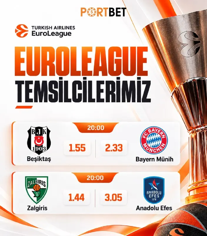 Portbet Telegram: 🇪🇺 EuroLeague'de Dev Maçlar! 💥 Beşiktaş ve Anadolu Efes, iki güçlü ekiple karşı…