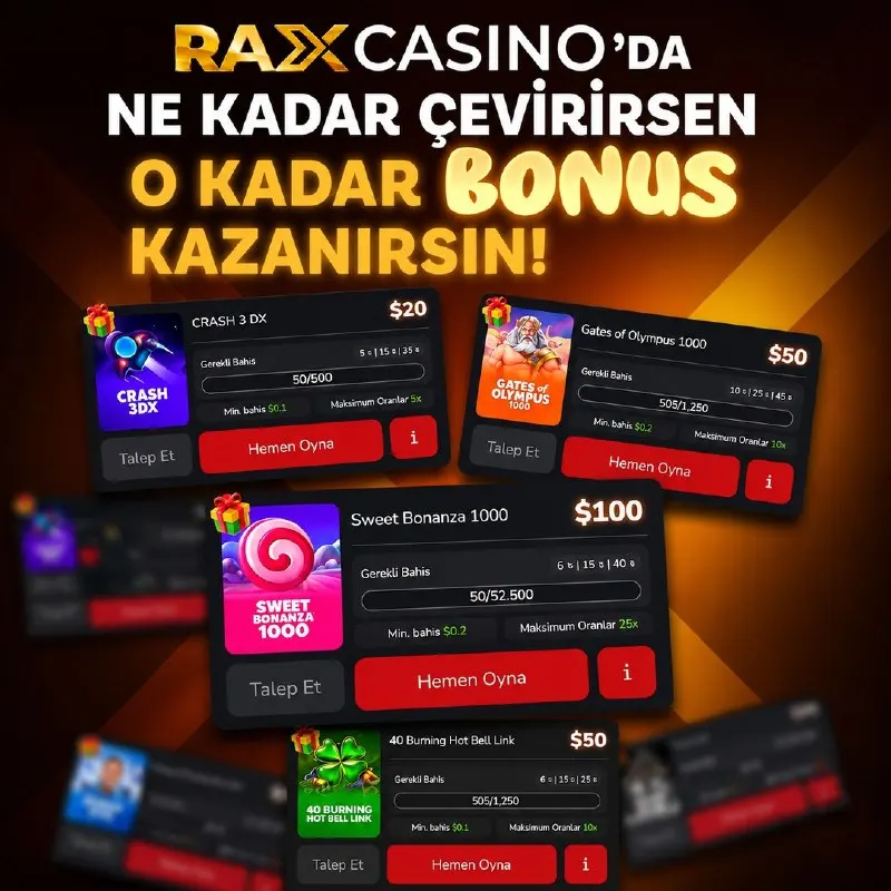Raxcasino Telegram: 🎰 RaxCasino'da Ne Kadar Çevirirsen, O Kadar BONUS! Favori oyunlarını oyna…