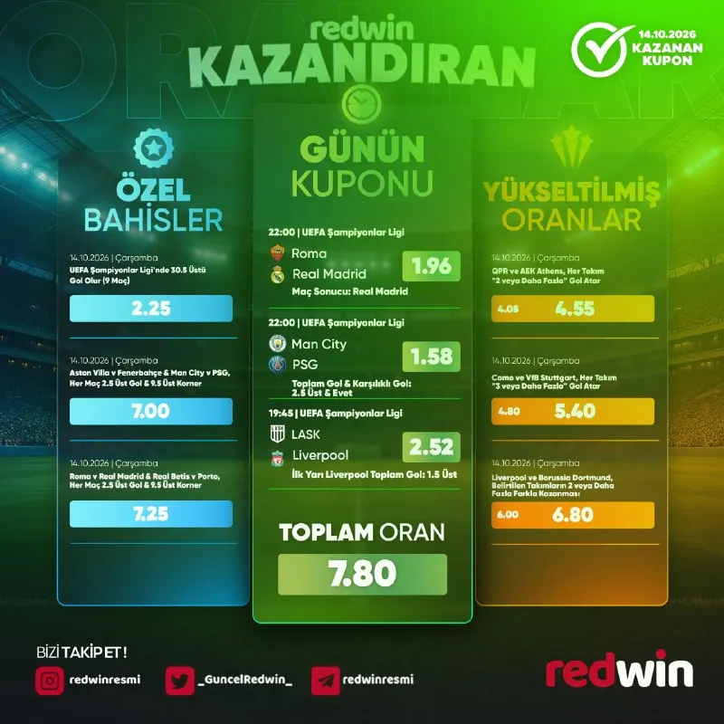 Redwin Telegram: ✅ 14.10.2026 KAZANAN KUPON 🟢 REDWİN kazandırmaya devam ediyor. Günün tahminleri…