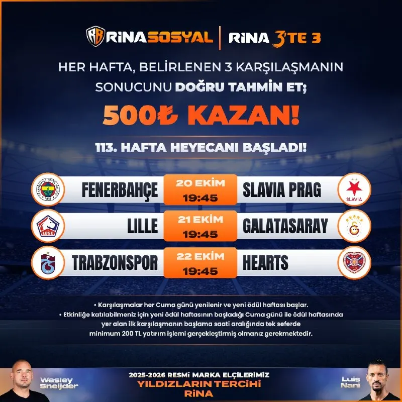 Rinabet Telegram: ⚽️ Rina 3’te 3’te 113. hafta başladı! 🎯 Seçilen 3 karşılaşmayı doğru bil, 500₺…