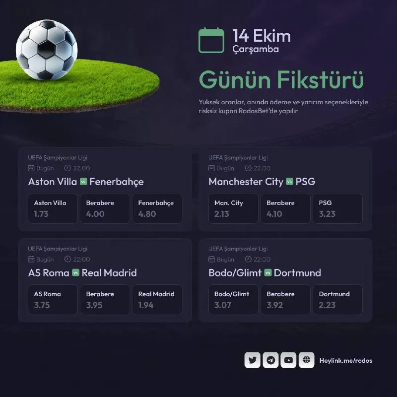 Rodosbet Telegram: Günün maçları ile sende kazanmaya Rodosbet’te hazır mısın ? ⏰ 22:00 ASTON VİLLA…