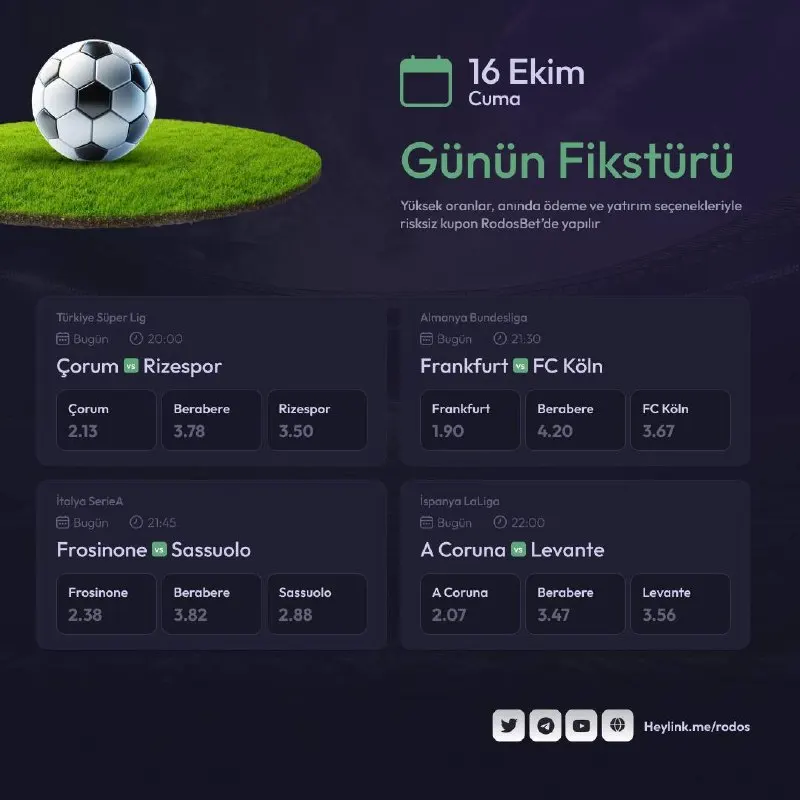 Rodosbet Telegram: Günün maçları ile sende kazanmaya Rodosbet’te hazır mısın ? ⏰ 20:00 ÇORUM 🔤🔤…