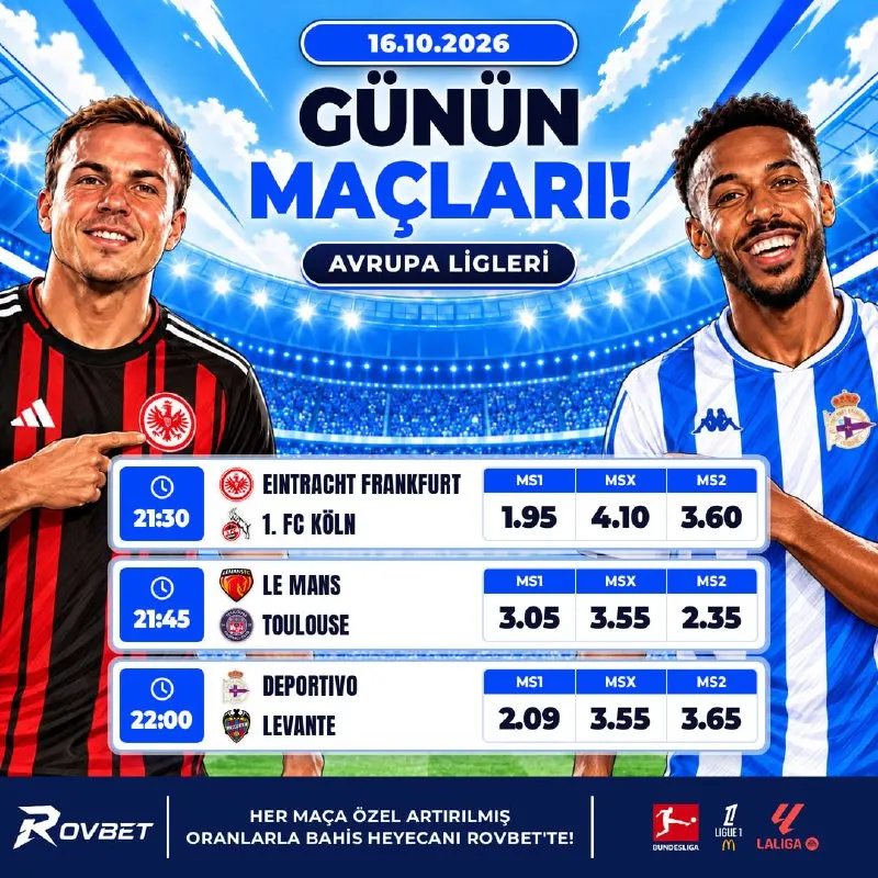 Rovbet Telegram: 🔷🔷🔷🔷🔷🔷🔷🔷🔷 ⚠️AVRUPA LİGLERİNDE CUMA MESAİSİ!⚠️ 📅 Eintracht Frankfurt - Köln |…